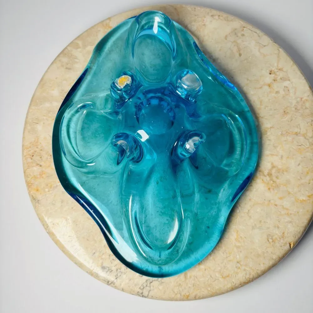 Vintage Murano Sommerso Blue Glass‎ Abstract Decorative Bowl MCM 60s 70s
